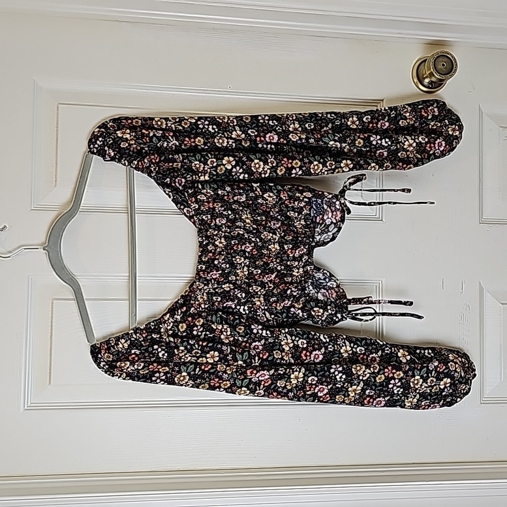 Elodie Floral Black Yellow Pink Elasticized Off Shoulder Rucshed Side Tie Top S - Picture 10 of 13